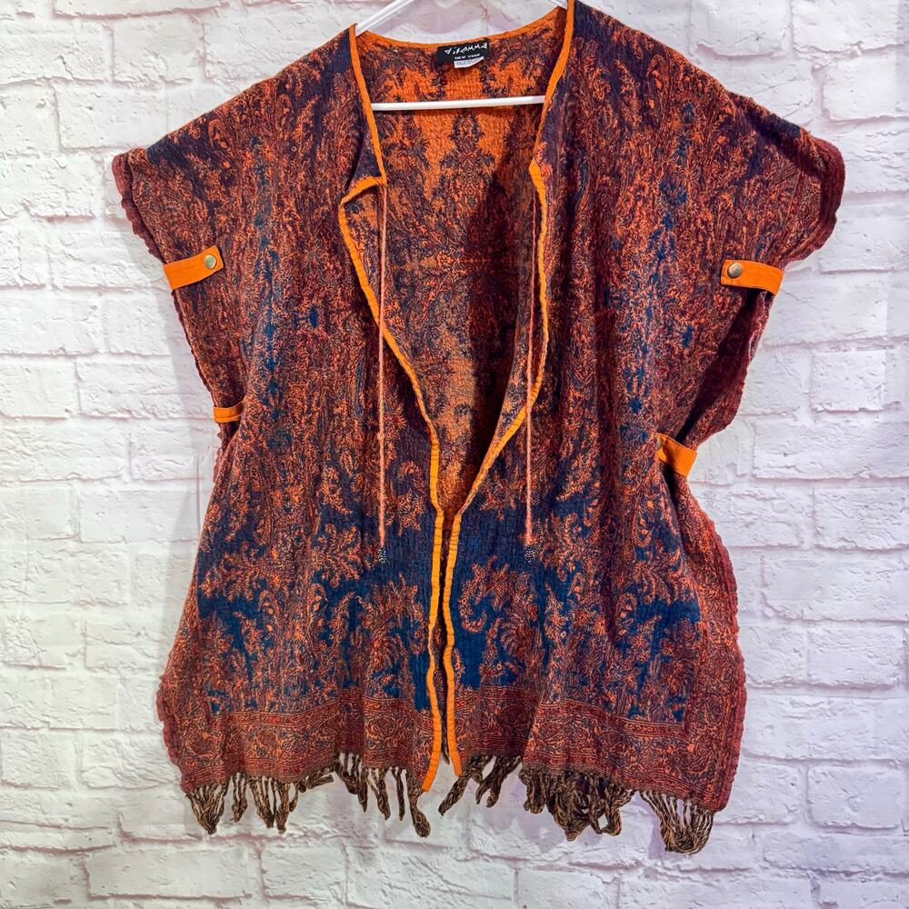 Dilemma New York Shawl/Jacket one size Oranges/reds 100% Wool 29” in length